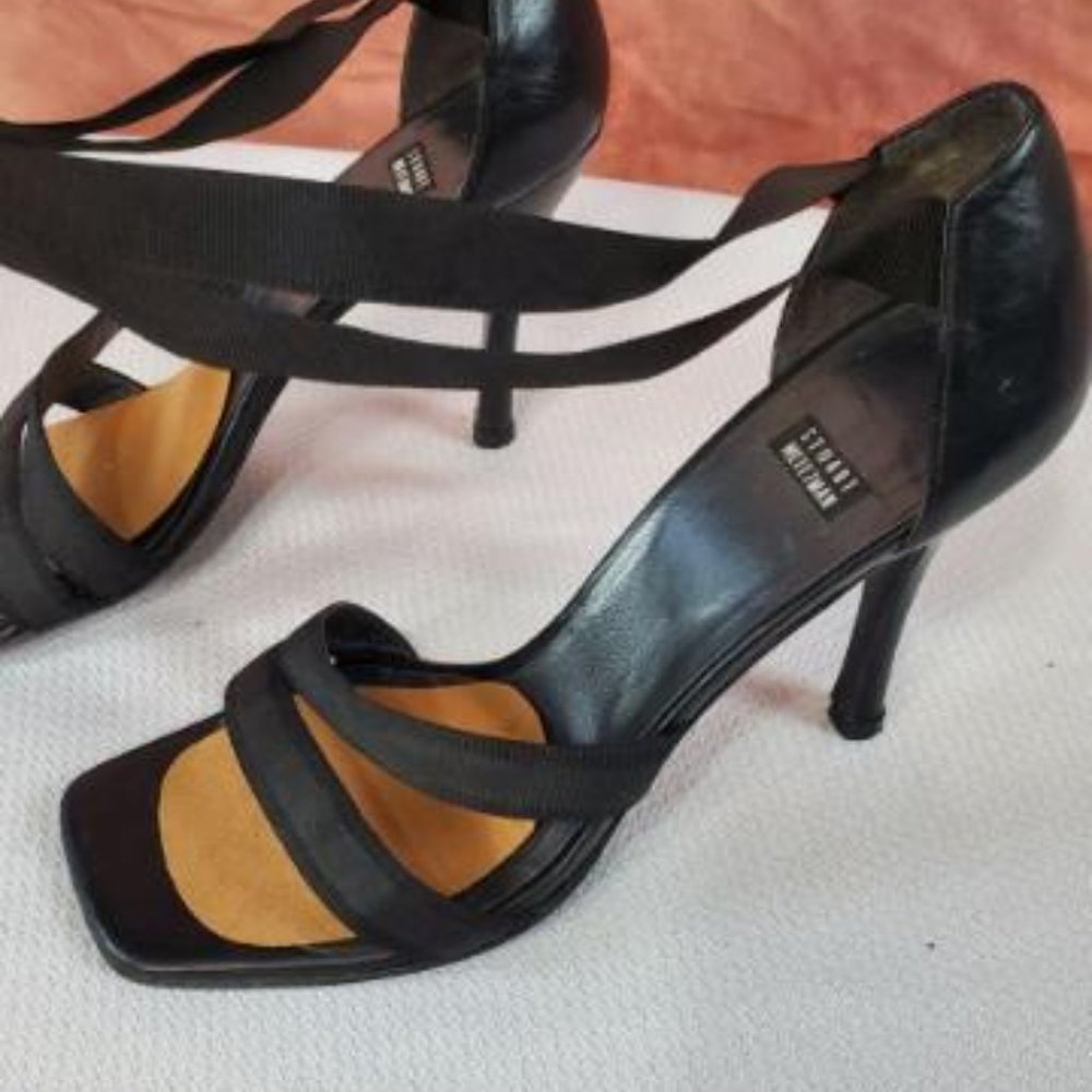 Stewart Weiztman  Black leather / ribbon ankle tied square toe Sandal heels